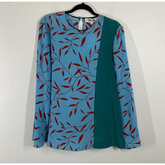DIANE von FURSTENBERG Side Slit Blouse 100% Silk Size 12 Shelton Marine Jade - Picture 2 of 14
